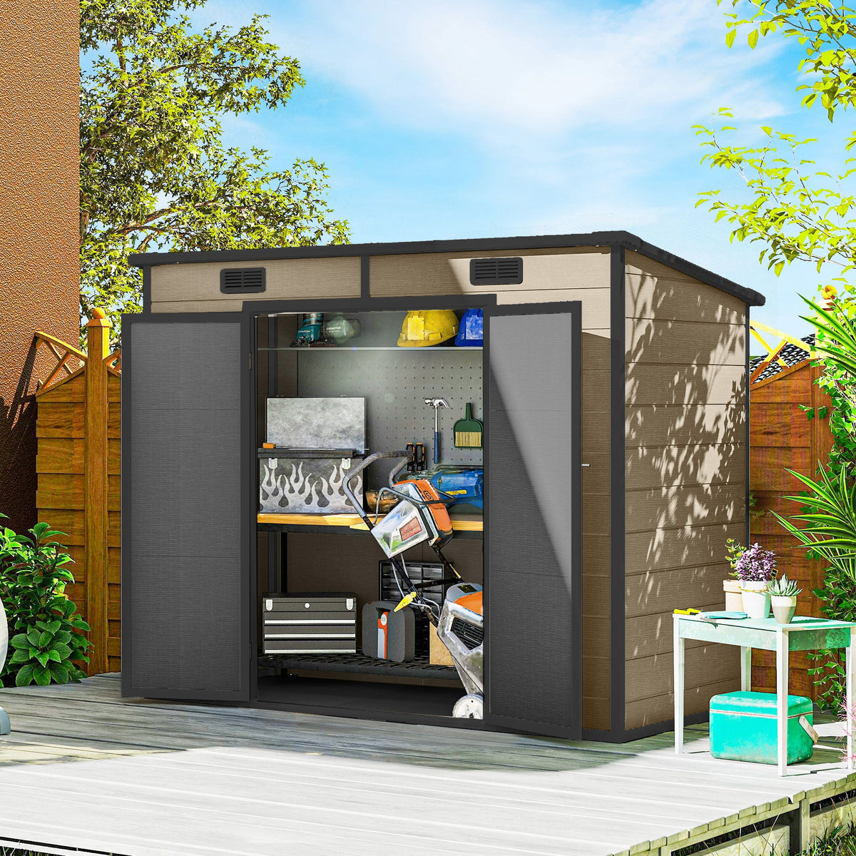 EverBase 8' x 4' Outdoor Storage Shed with Window, Lockable Doors and Vents, Light Brown