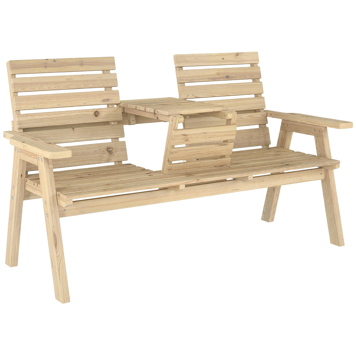 2 Seater Wooden Garden Bench with Convertible Middle Table, Natural