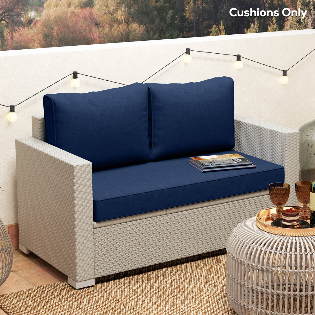 2 Seater Outdoor Seat Cushions with Backrest, Navy Blue