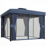3 x 3 m Patio Gazebo with 2-Tier Roof, Netting & Curtains, Dark Blue