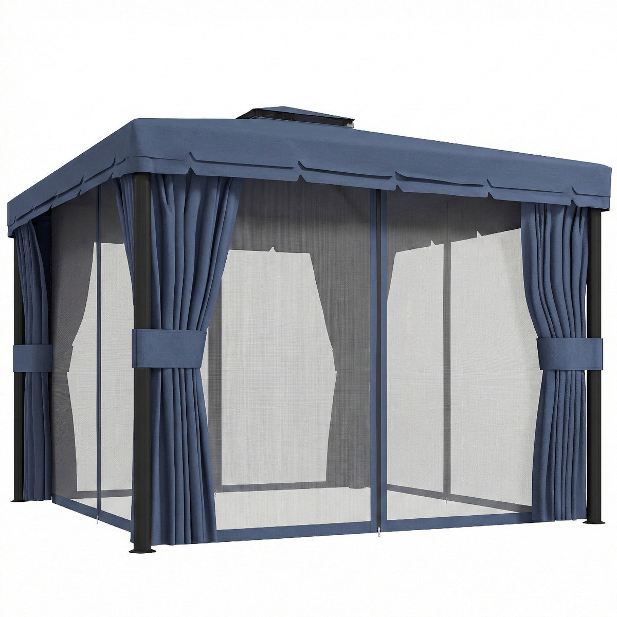 3 x 3 m Patio Gazebo with 2-Tier Roof, Netting & Curtains, Dark Blue