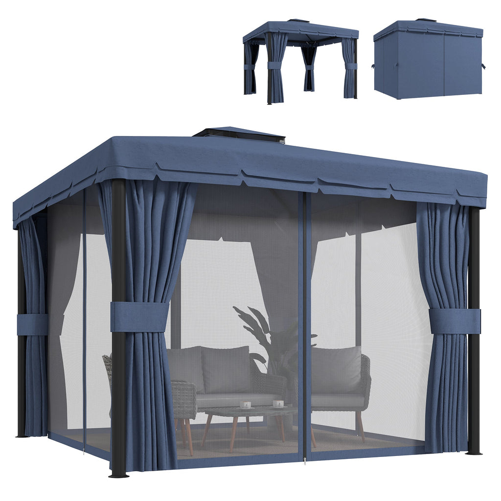 3 x 3 m Patio Gazebo with 2-Tier Roof, Netting & Curtains, Dark Blue
