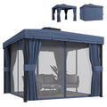 3 x 3 m Patio Gazebo with 2-Tier Roof, Netting & Curtains, Dark Blue