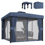 3 x 3 m Patio Gazebo with 2-Tier Roof, Netting & Curtains, Dark Blue