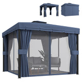 3 x 3 m Patio Gazebo with 2-Tier Roof, Netting & Curtains, Dark Blue