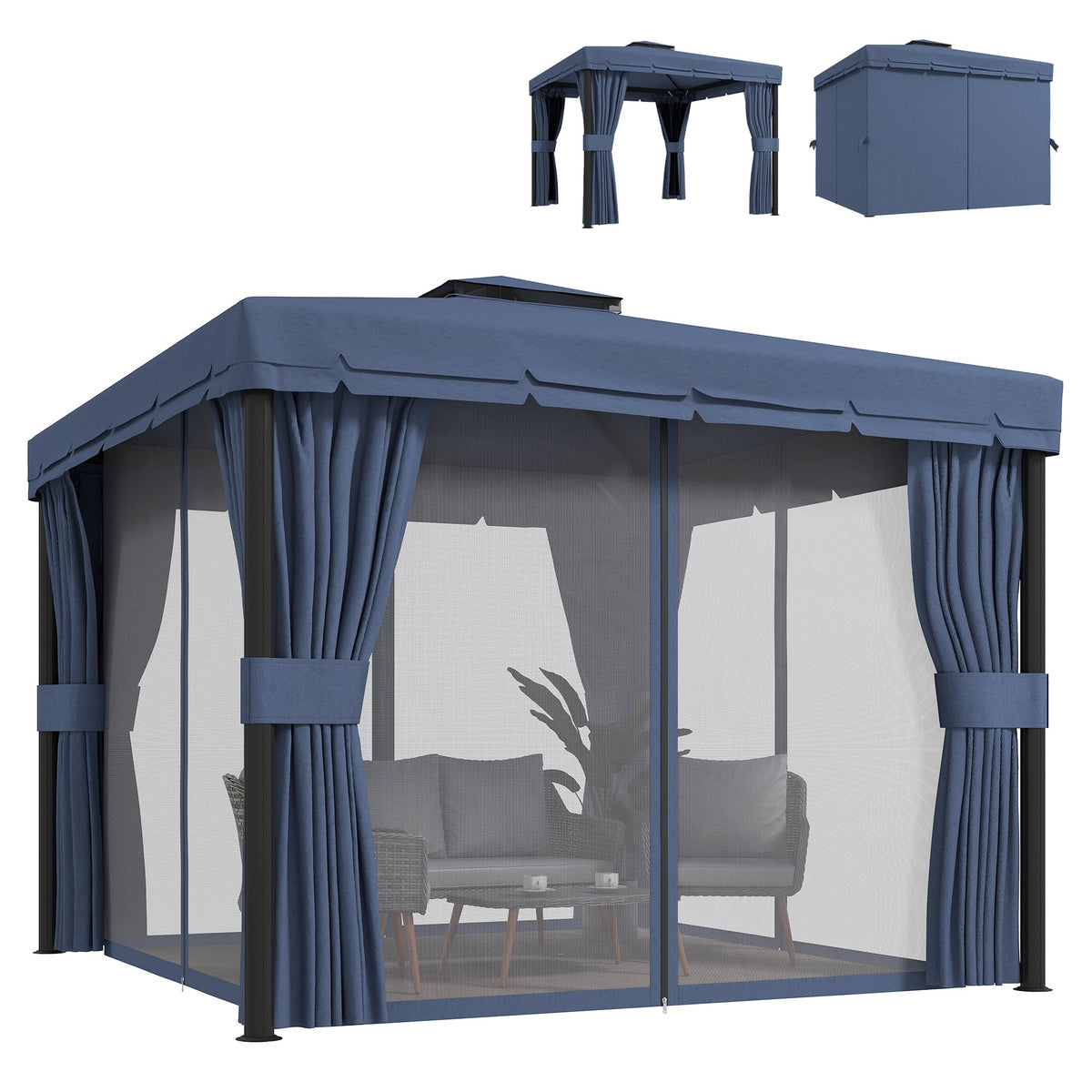 3 x 3 m Patio Gazebo with 2-Tier Roof, Netting & Curtains, Dark Blue