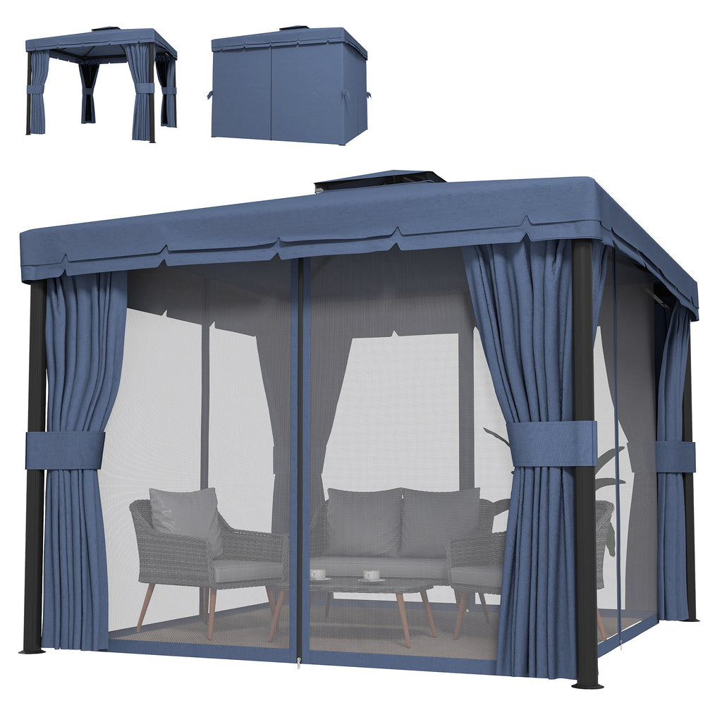 3 x 3 m Patio Gazebo with 2-Tier Roof, Netting & Curtains, Dark Blue