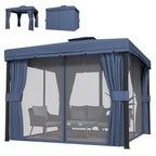 3 x 3 m Patio Gazebo with 2-Tier Roof, Netting & Curtains, Dark Blue