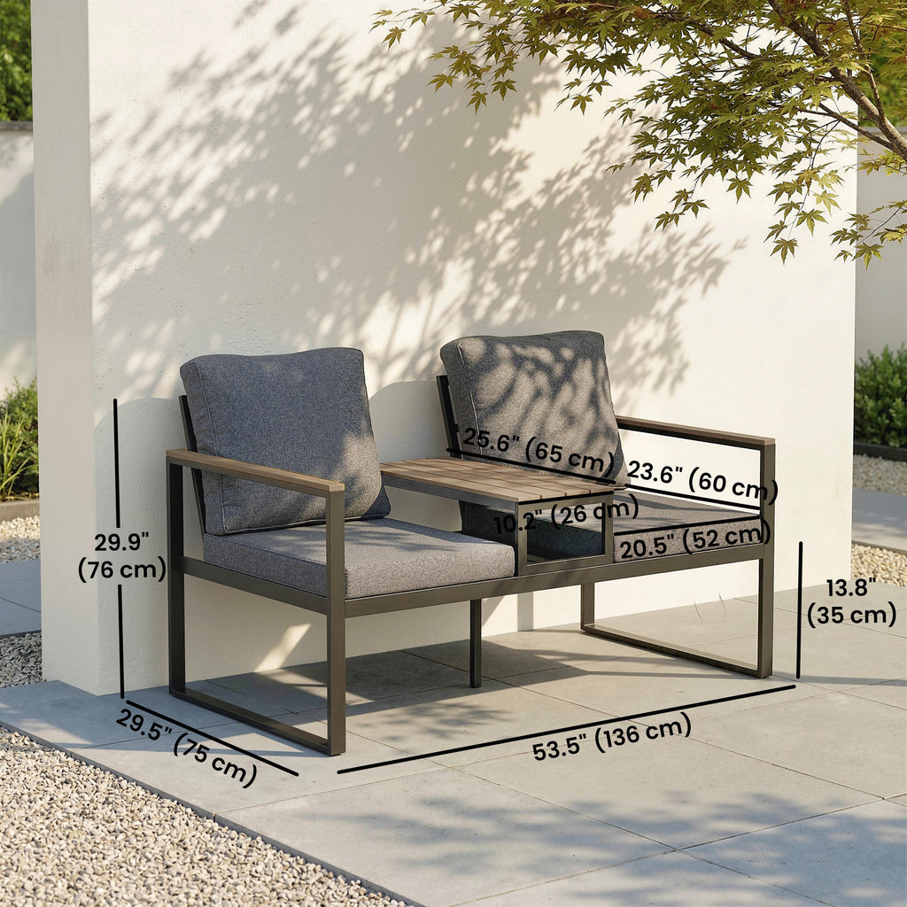 2-Seat Outdoor Garden Bench with Center Table and Thick Cushions, Light Grey