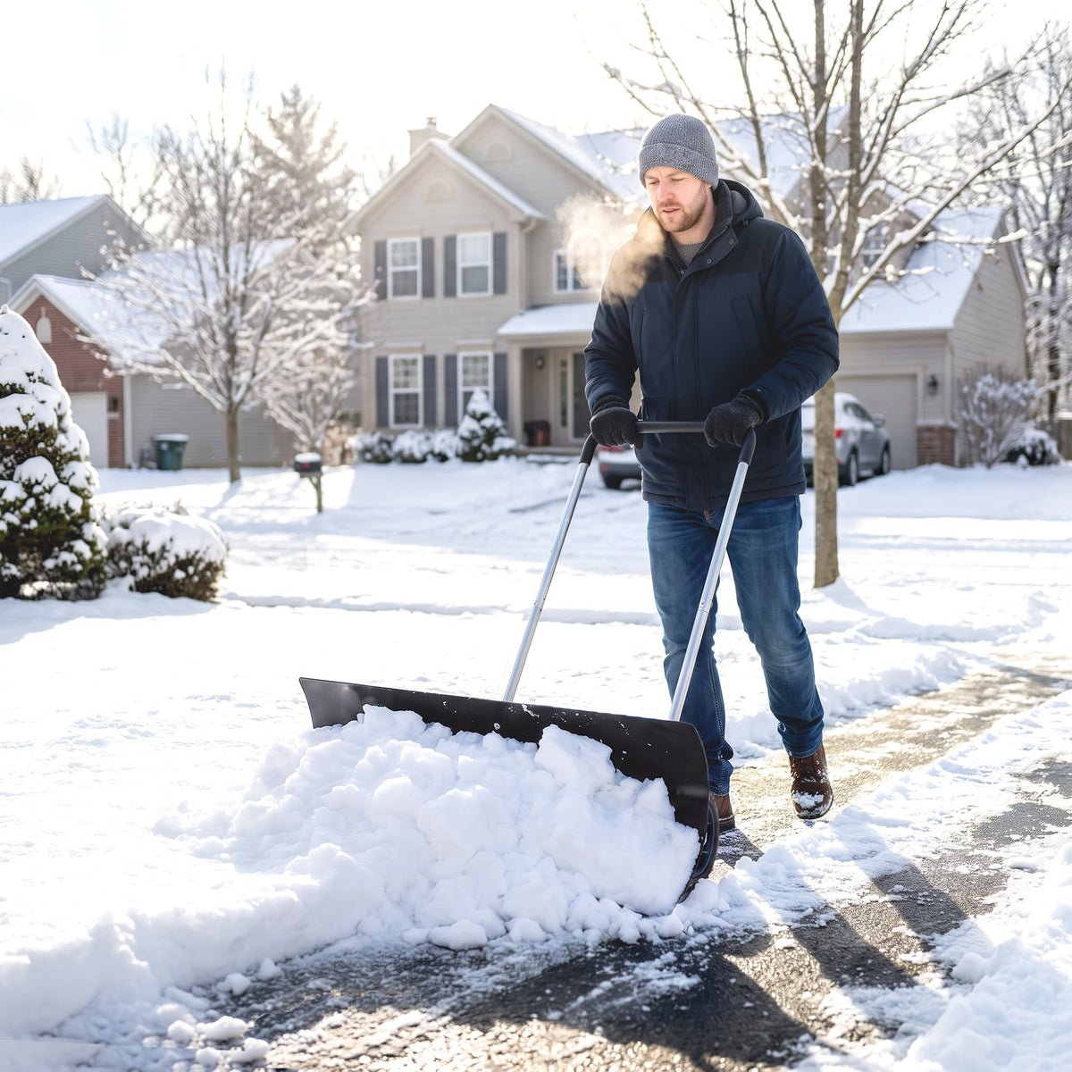 37-Inch Extra-Wide Snow Pusher with Wheels, Black, Adjustable Ergonomic Handle