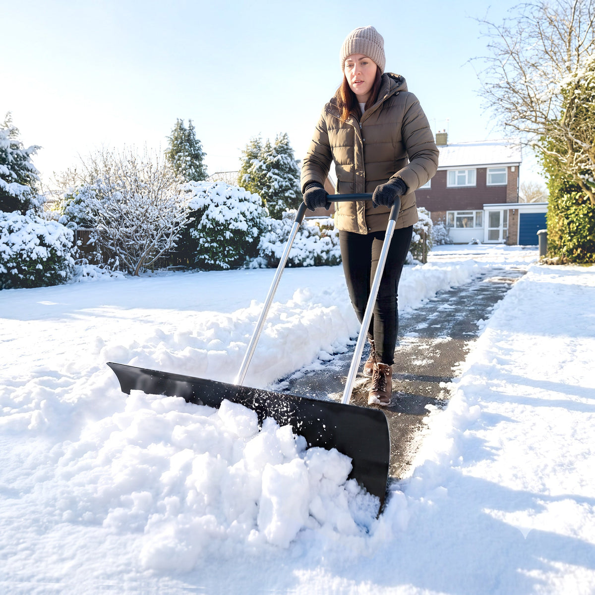 37" Extra-Wide Aluminum Snow Pusher with Wheels and Ergonomic Handle, Black