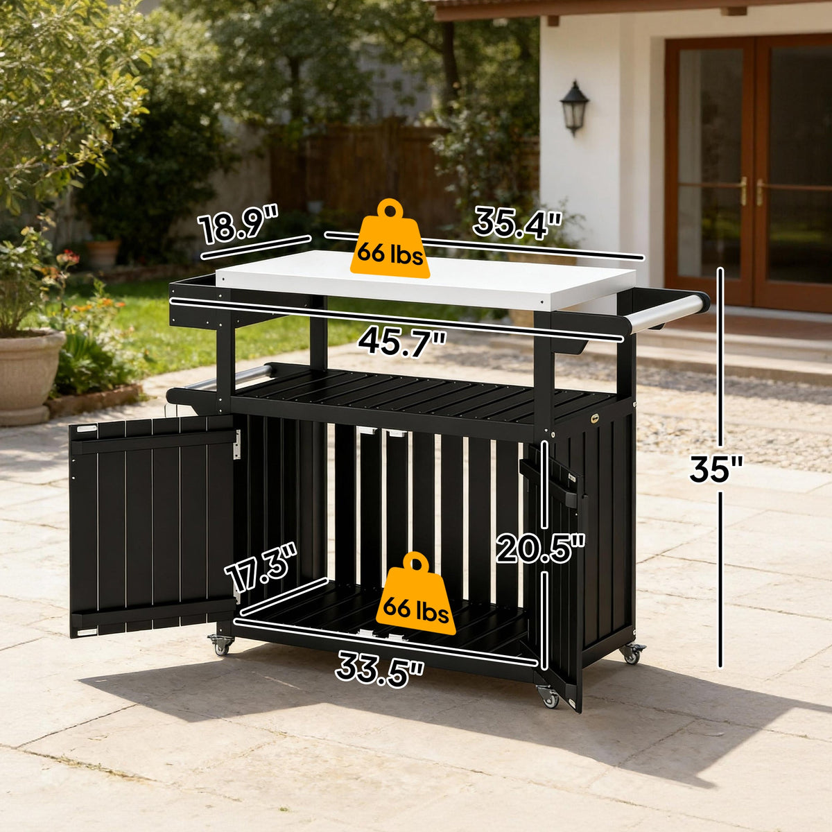 Outdoor Bar Cart with Storage Cabinet, Black