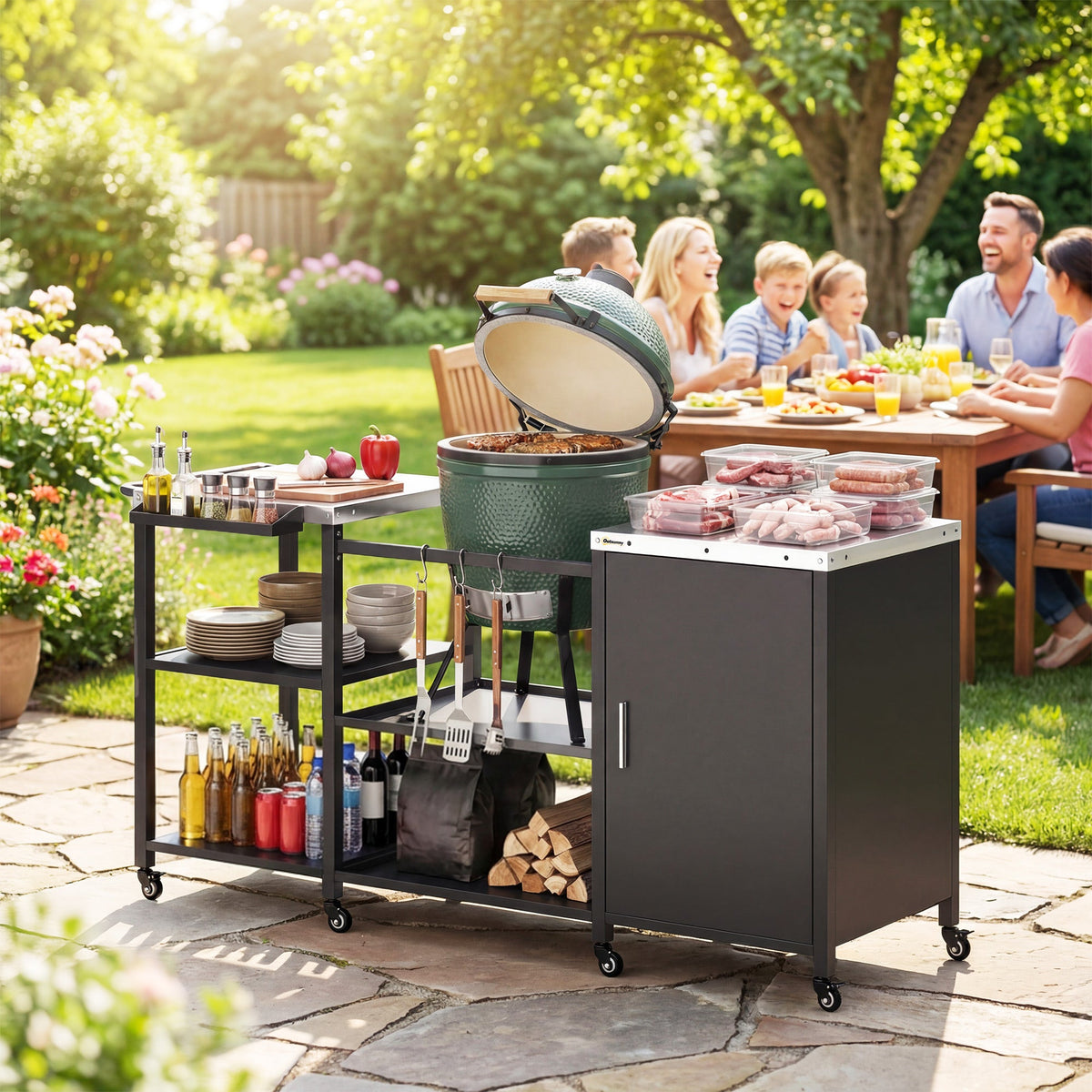 BBQ Grill Table with Stainless Steel Top and Storage Cabinet
