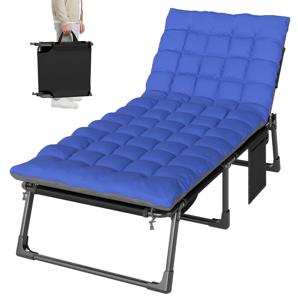 Folding Lounge Chair, 75 cm Wide with Cushion and Side Pocket, Dark Grey/Blue