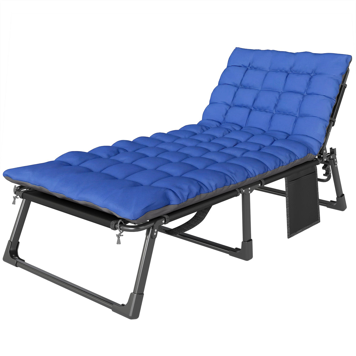 Folding Lounge Chair, 75 cm Wide with Cushion and Side Pocket, Dark Grey/Blue