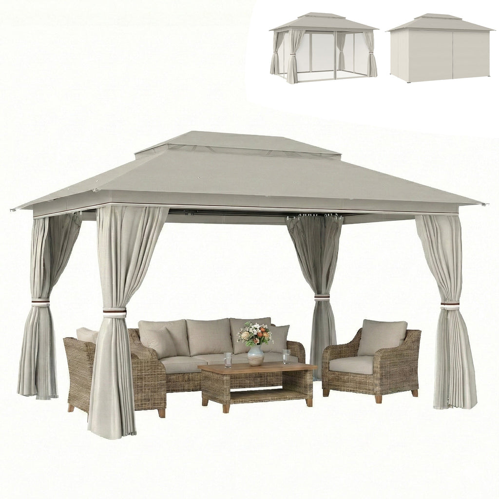 3 x 4 m Garden Gazebo with Double Roof, Netting & Curtains, Beige