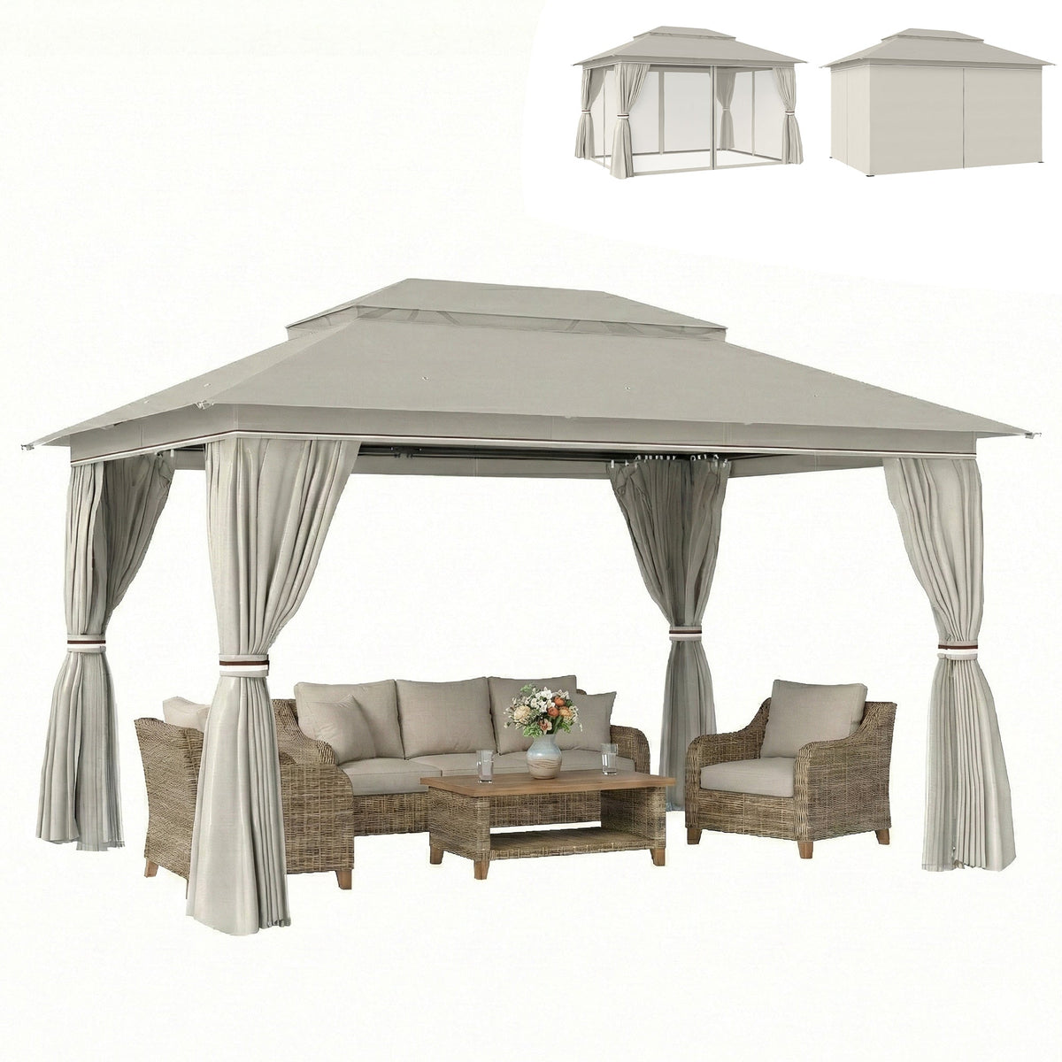 3 x 4 m Garden Gazebo with Double Roof, Netting & Curtains, Beige