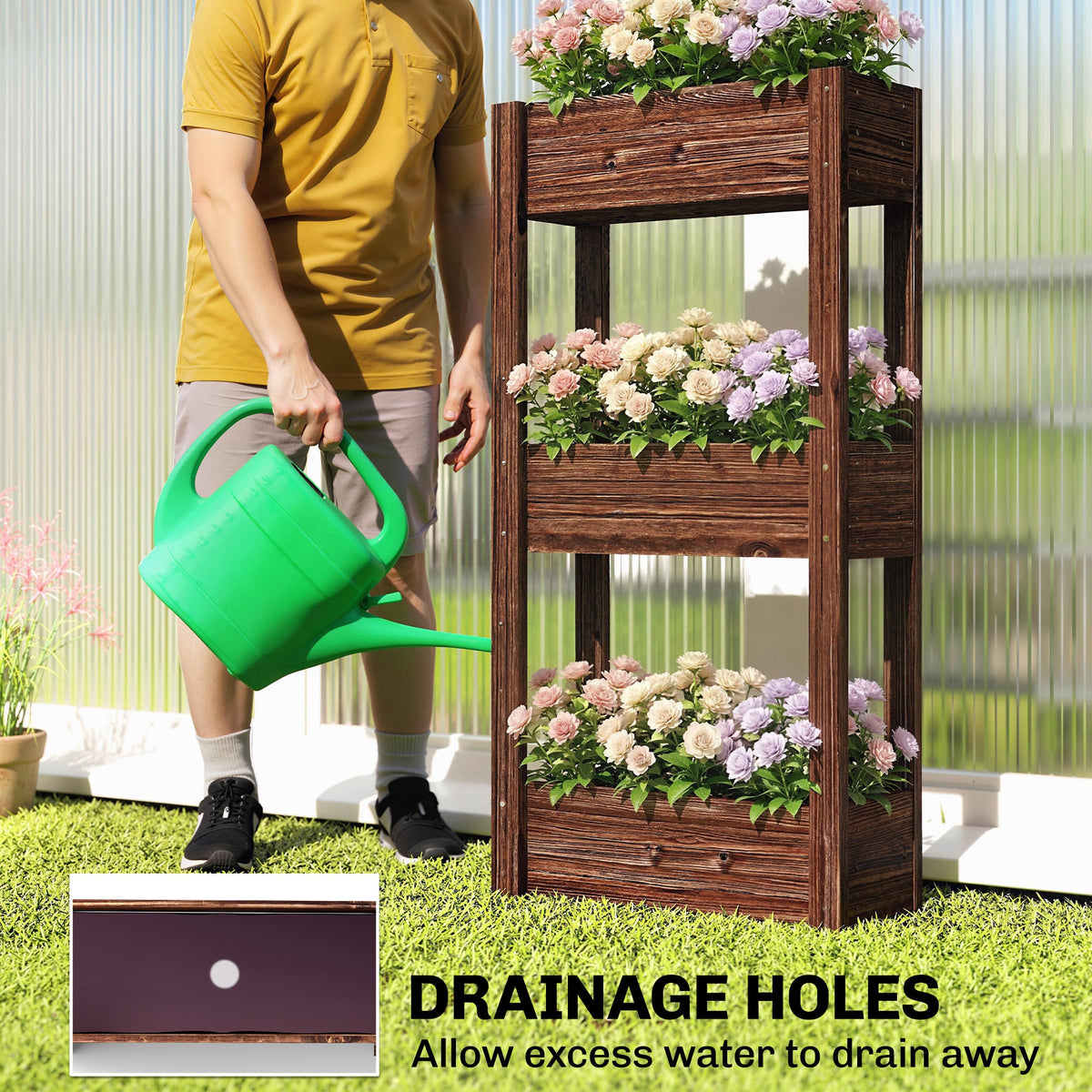 3-Tier Wooden Raised Planter with Liner, 60 x 25 x 120 cm