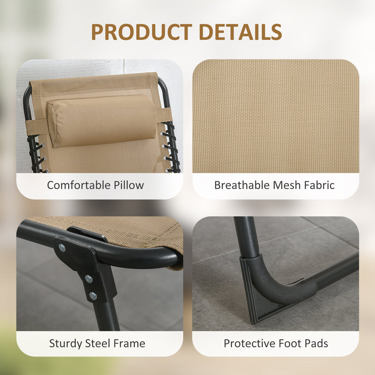 Folding Lounge Chair with Adjustable Backrest and Pillow, Beige