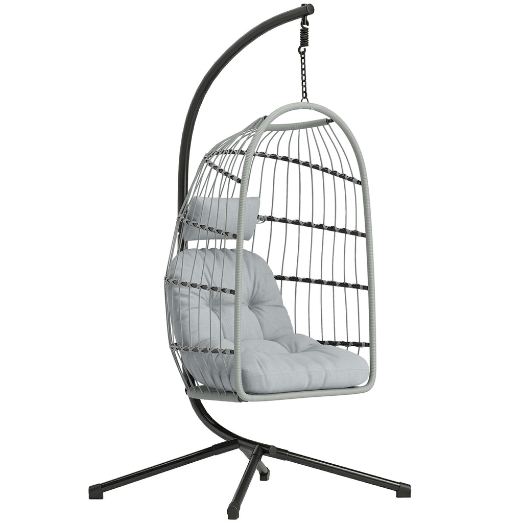 Hanging Egg Chair with Foldable Metal Stand, Thick Cushion, Light Grey