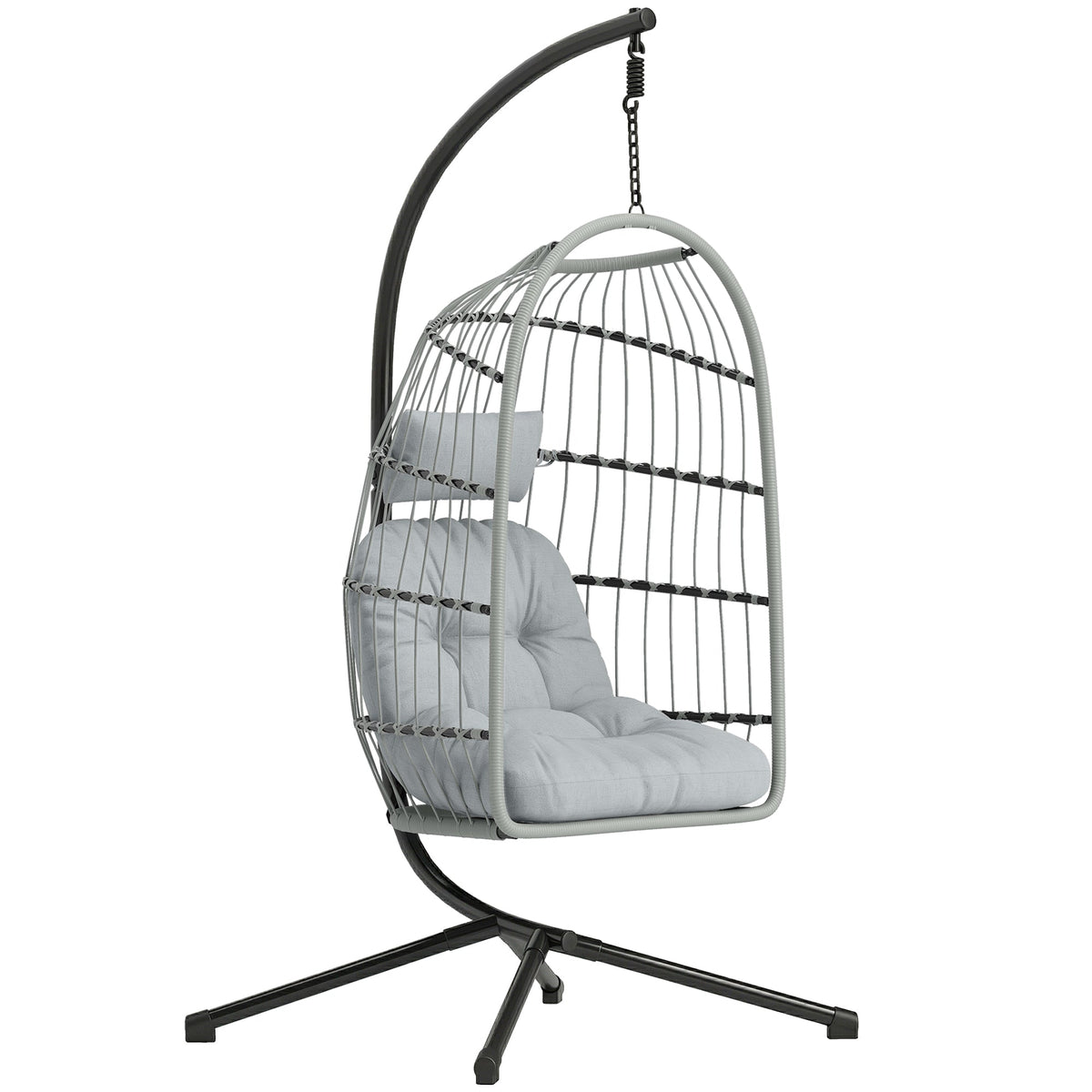 Hanging Egg Chair with Foldable Metal Stand, Thick Cushion, Light Grey
