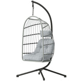 Hanging Egg Chair with Foldable Metal Stand, Thick Cushion, Light Grey