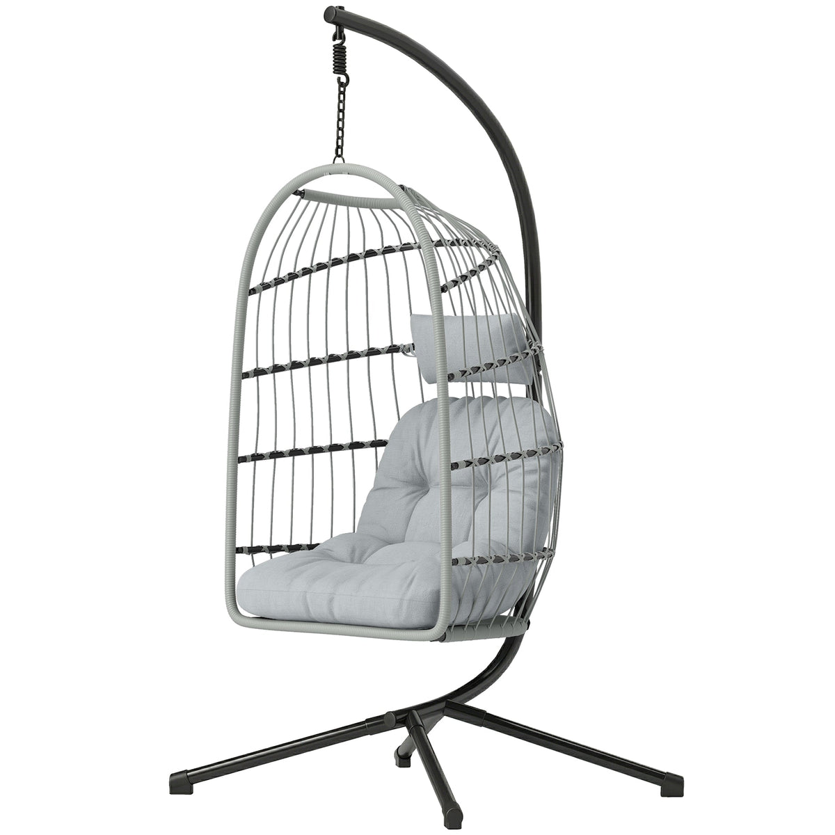 Hanging Egg Chair with Foldable Metal Stand, Thick Cushion, Light Grey