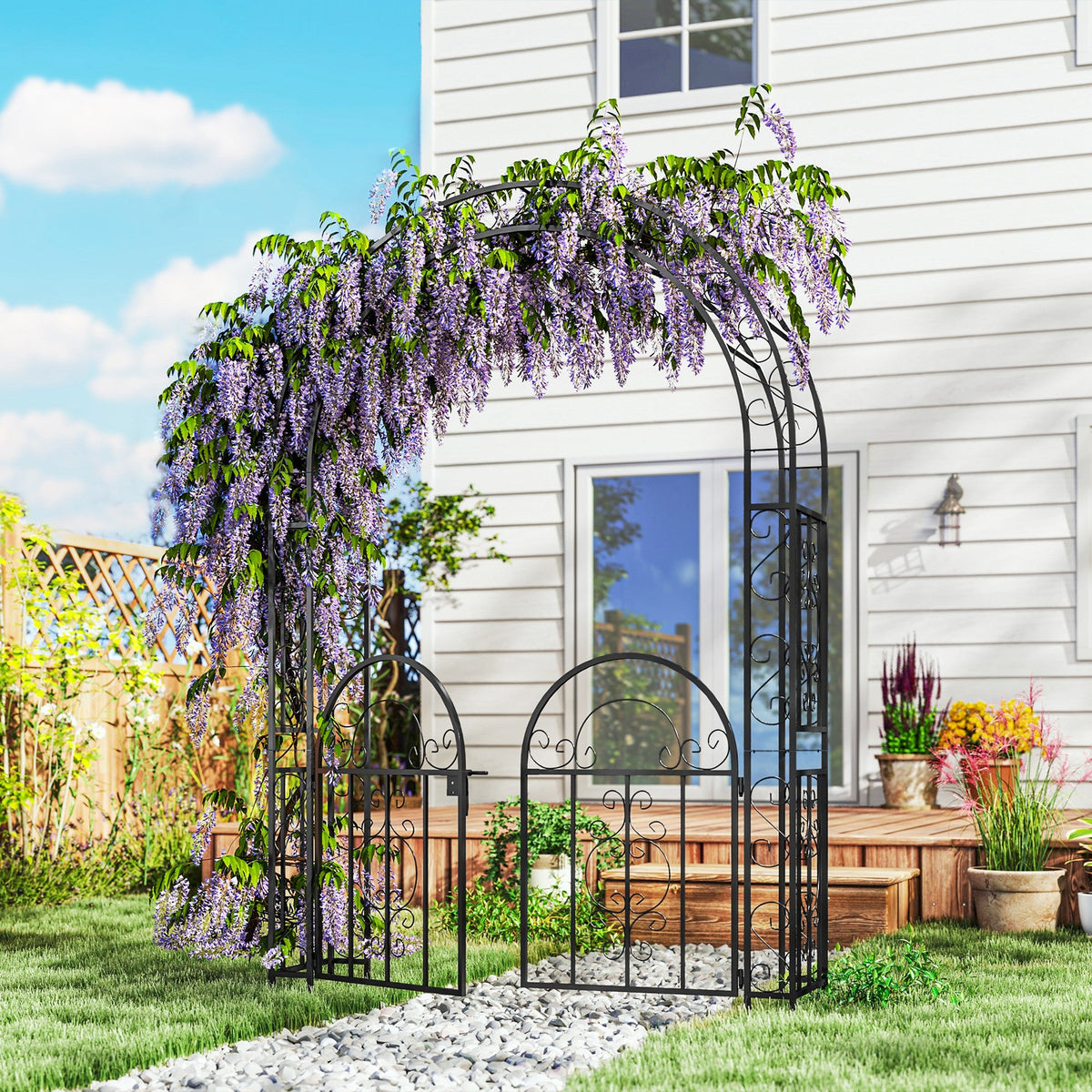 7.4ft Steel Garden Arch with Gate for Climbing Plants, Roses, Vines, Black