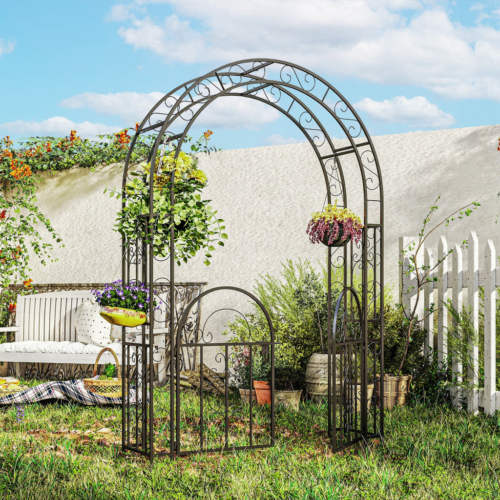 7.4ft Steel Garden Arch with Gate for Climbing Plants, Roses, Vines, Black