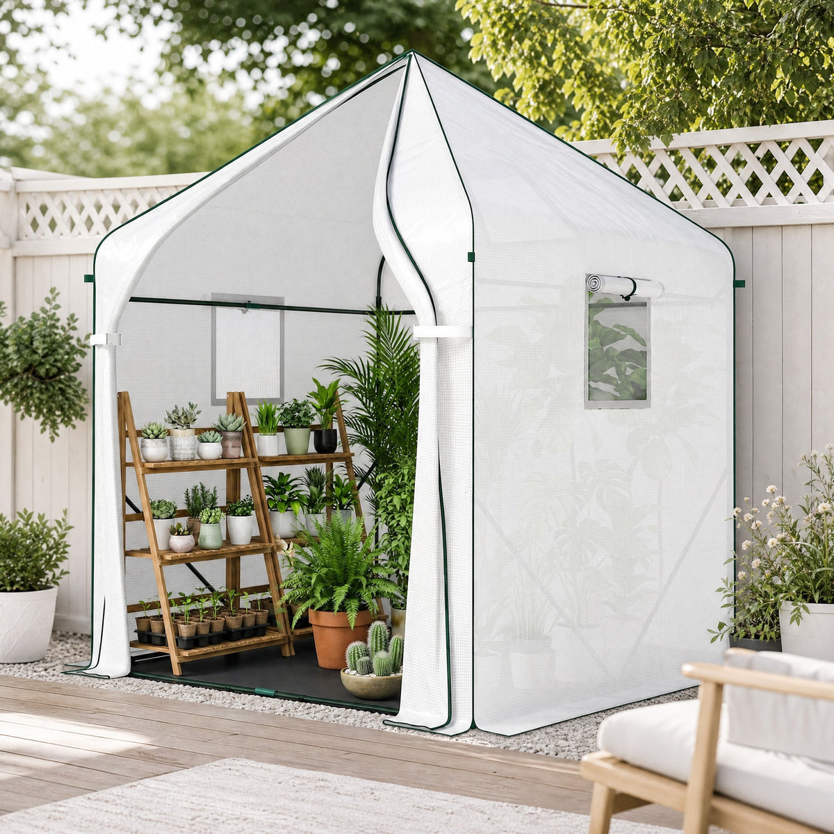 63" x 63" x 78.7" Mini Walk-in Greenhouse with PE Cover, Roll-up Door & 3 Mesh Windows, White