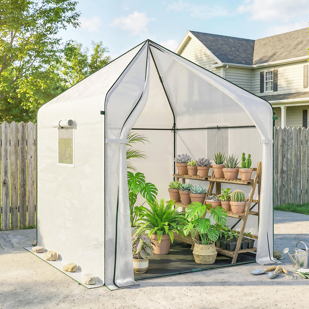 63" x 63" x 78.7" Mini Walk-in Greenhouse with PE Cover, Roll-up Door & 3 Mesh Windows, White