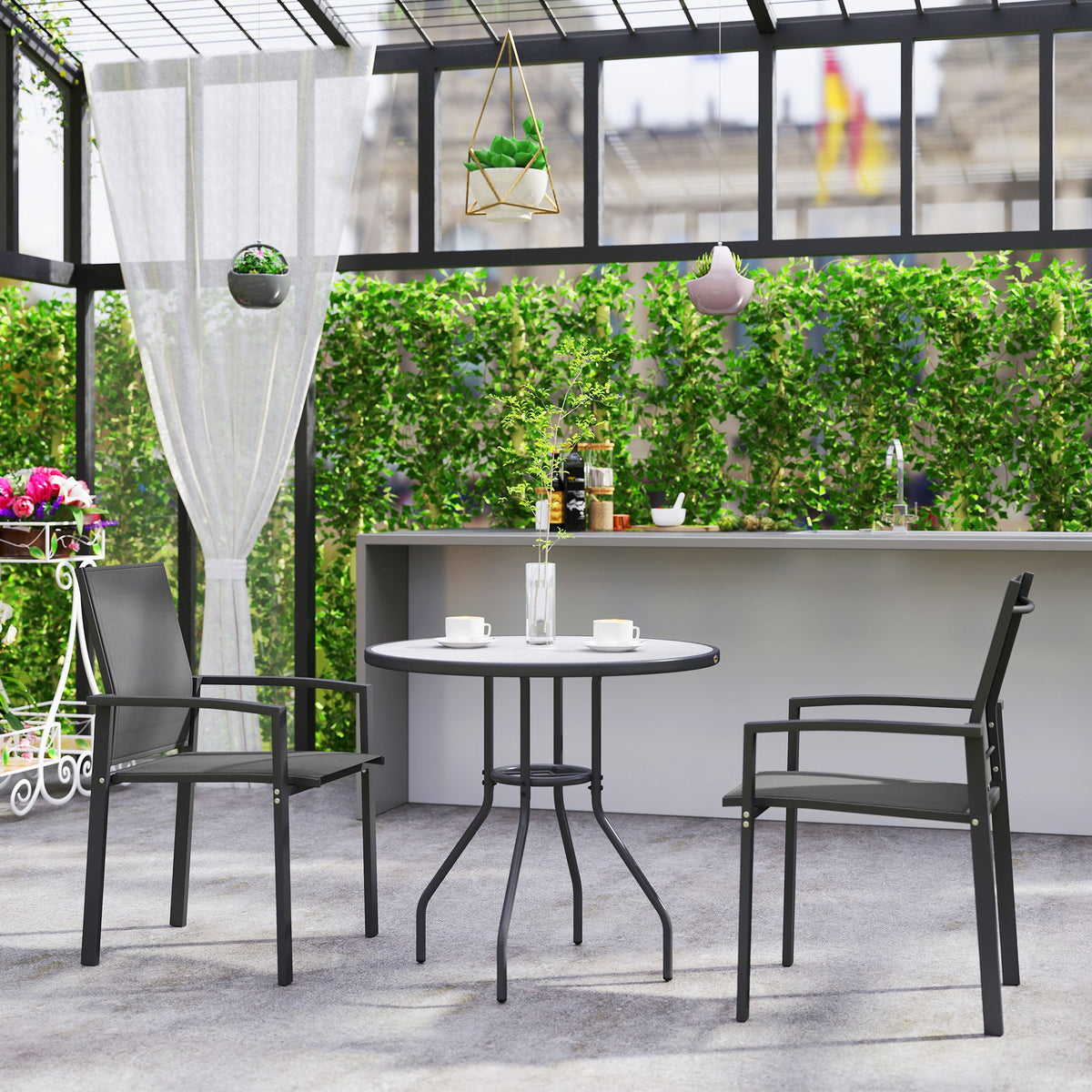 Set of 2 Stackable Patio Dining Chairs with Mesh Seat, Dark Grey
