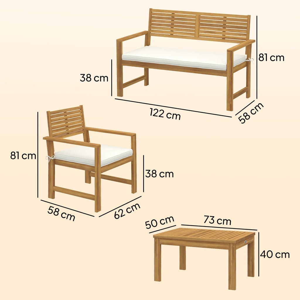 4-Seater Acacia Wood Outdoor Set with Loveseat, 2 Armchairs & Wood-Top Table, Cream