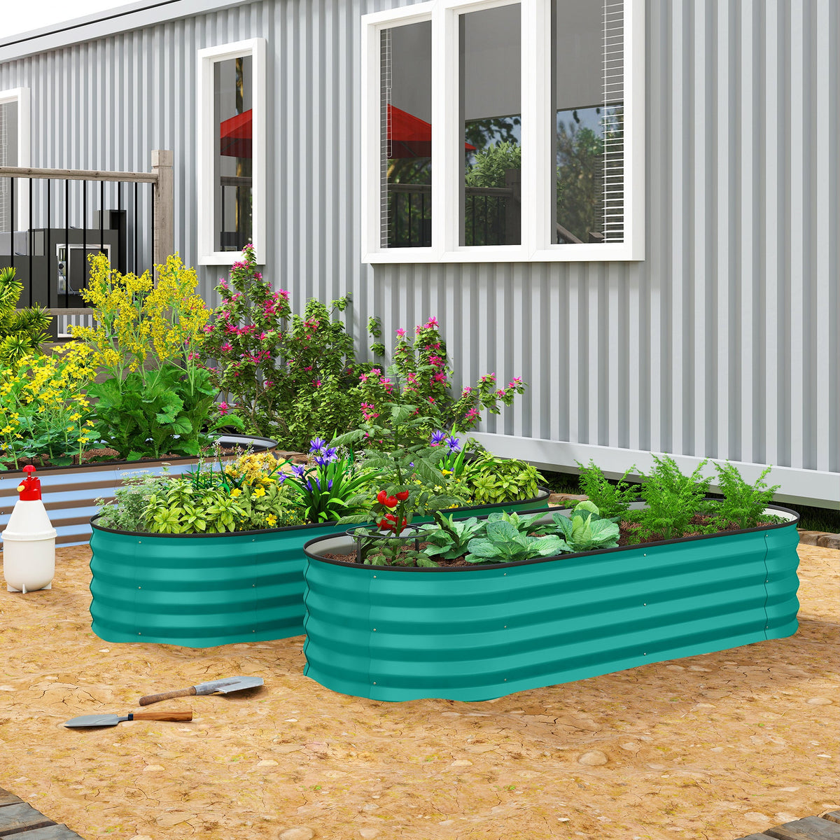 Set of 2 Galvanised Raised Beds with Stakes, 150 x 60 x 30 cm, Green