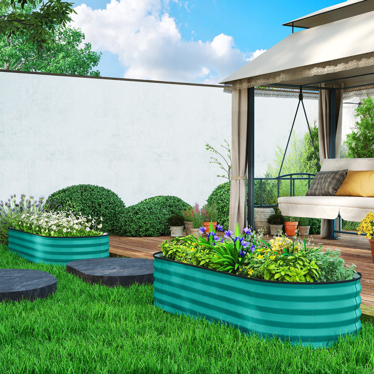 Set of 2 Galvanised Raised Beds with Stakes, 150 x 60 x 30 cm, Green