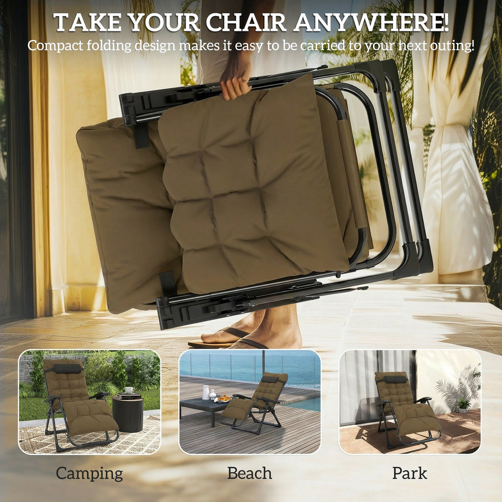 Reclining Zero Gravity Chair with Cushion and Headrest, Khaki