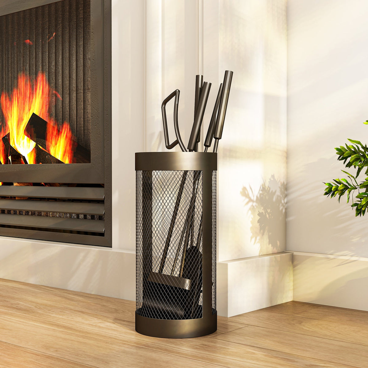 5-Piece Metal Fireplace Tool Set with Brush, Shovel, Poker, Tongs & Mesh Basket, Black