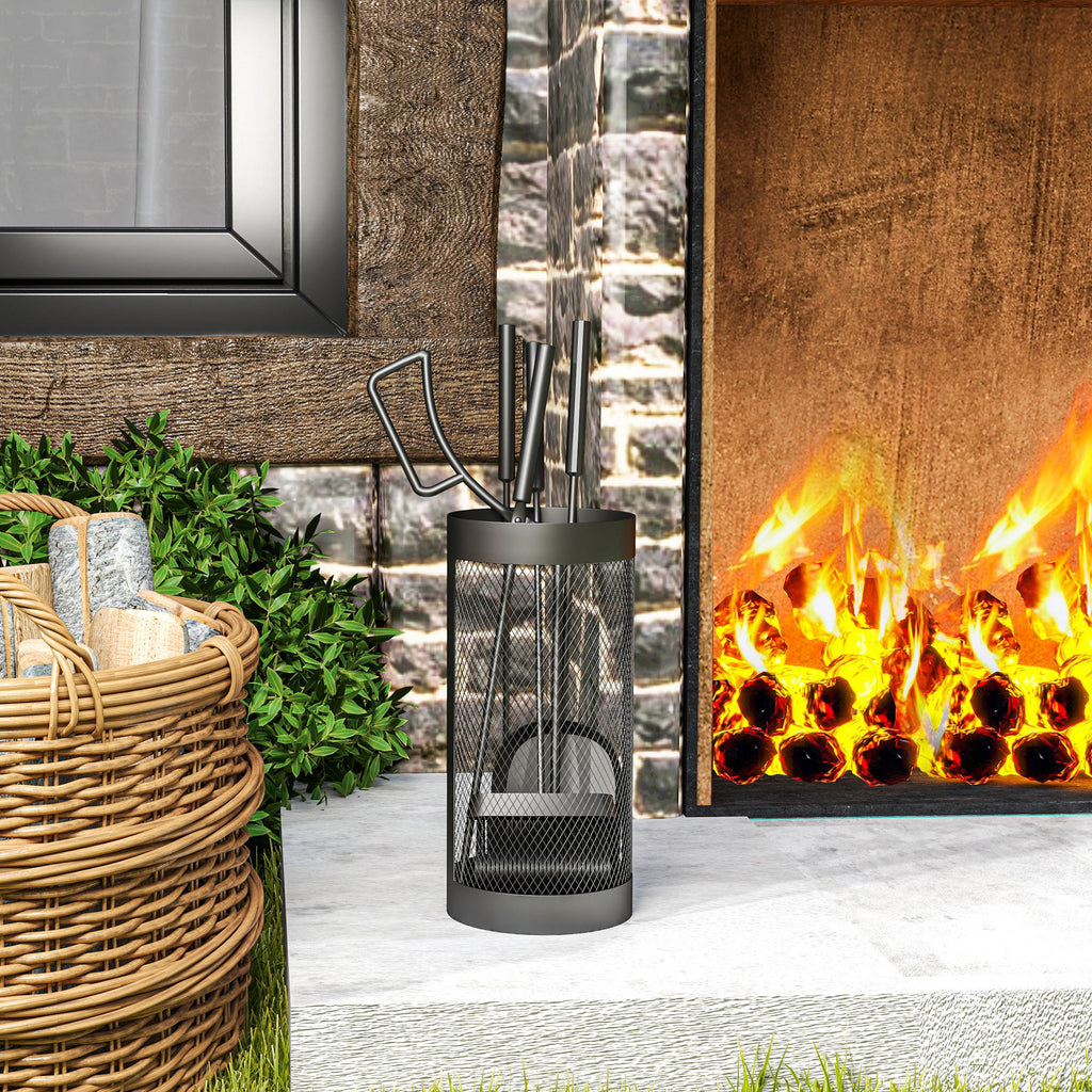 5-Piece Metal Fireplace Tool Set with Brush, Shovel, Poker, Tongs & Mesh Basket, Black