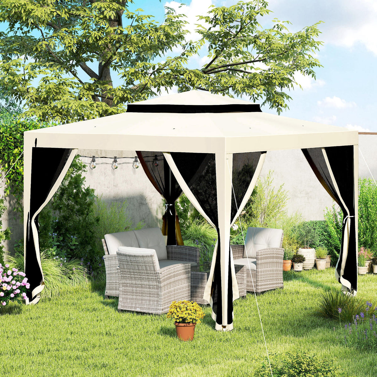 10' x 10' Canopy Tent with Mesh Netting and Double-Tier Roof, Beige