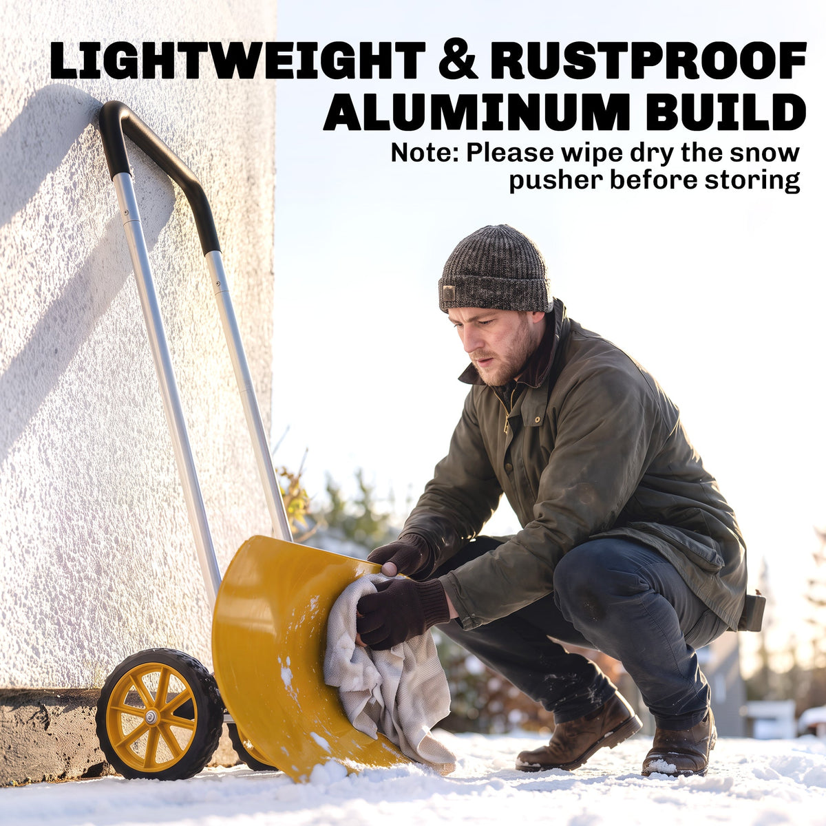 37" Extra-Wide Aluminum Snow Pusher with Wheels and Ergonomic Handle, Yellow
