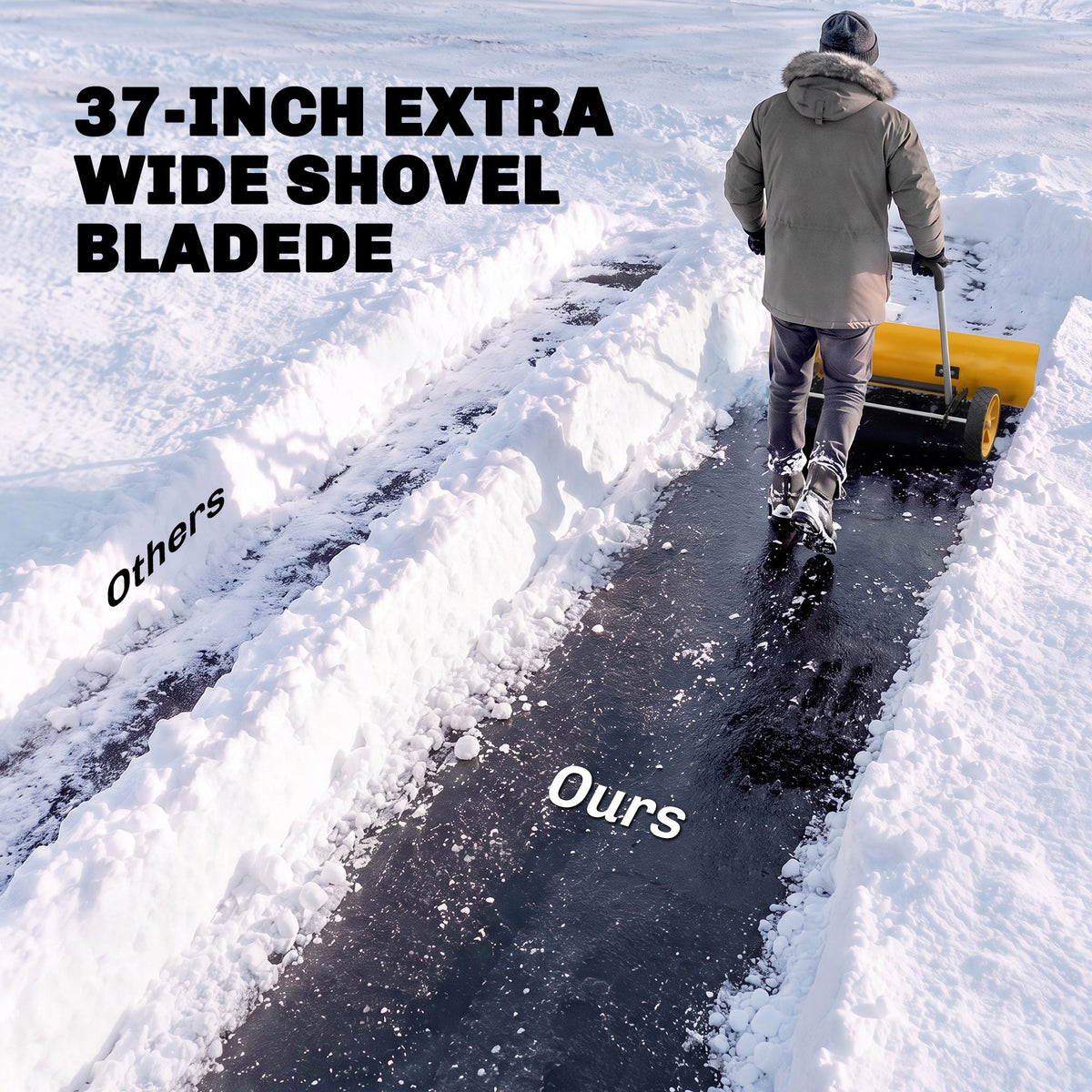 37" Extra-Wide Aluminum Snow Pusher with Wheels and Ergonomic Handle, Yellow