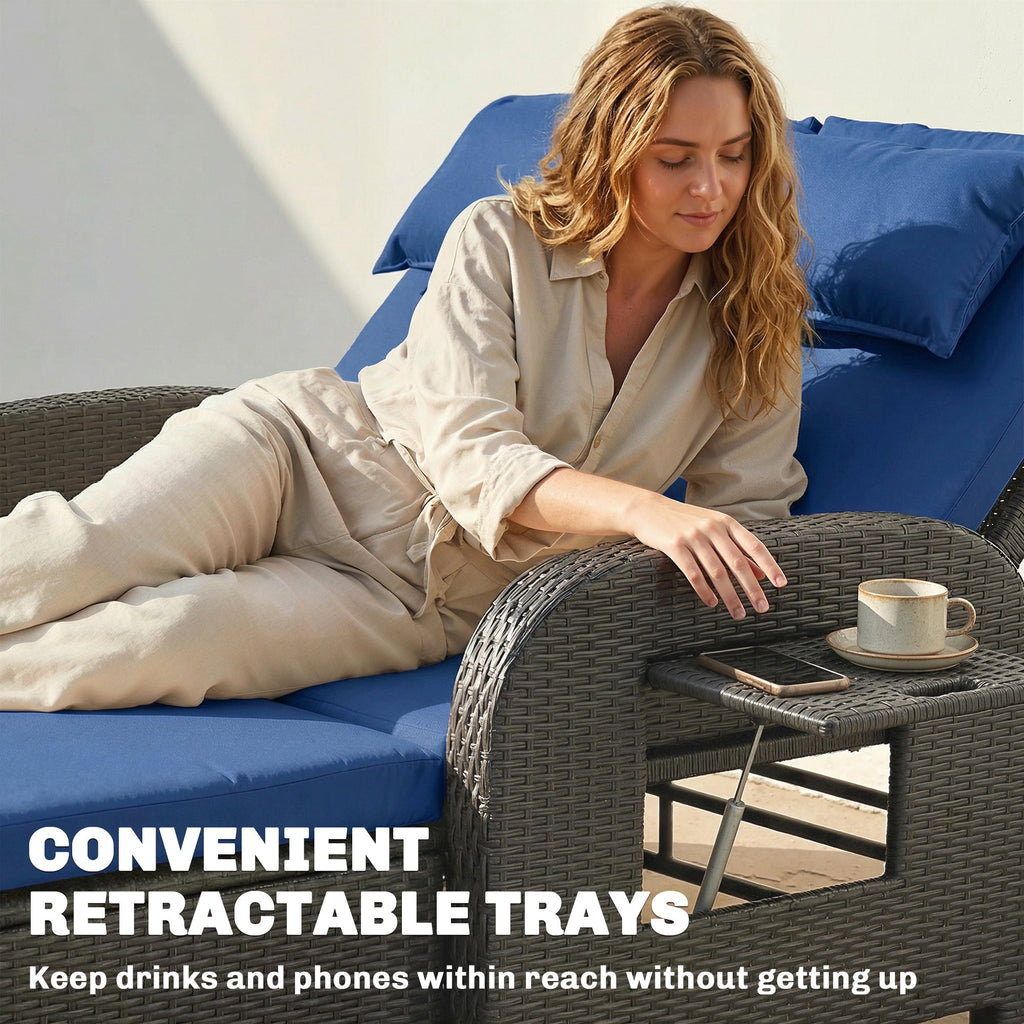 Rattan Patio Daybed with Storage Ottoman and Adjustable Backrest, Navy Blue