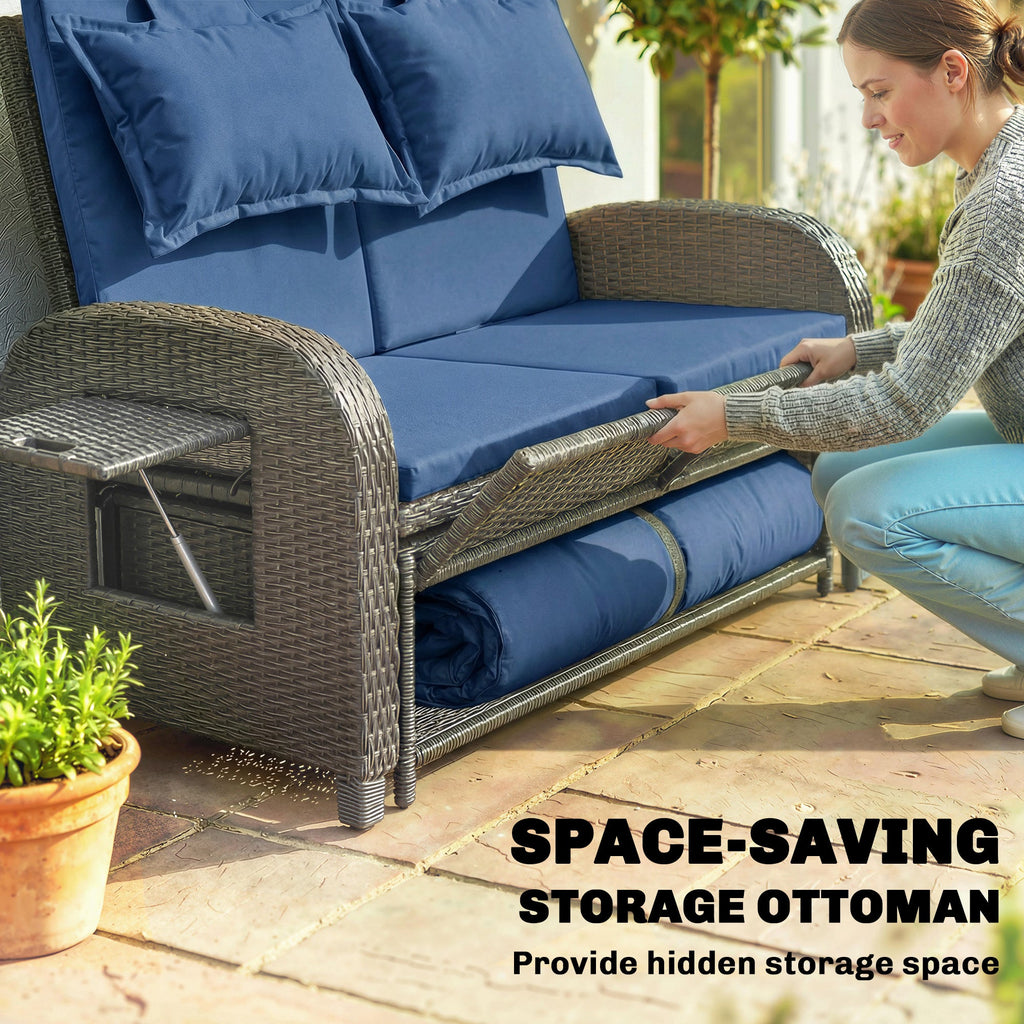 Rattan Patio Daybed with Storage Ottoman and Adjustable Backrest, Navy Blue