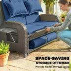 Rattan Patio Daybed with Storage Ottoman and Adjustable Backrest, Navy Blue
