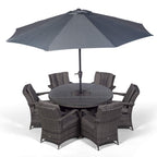 Arizona Luxury 6 Seater Grey Rattan Dining Set with Ice Bucket Drinks Cooler | Outdoor Poly Rattan Garden Table & Chairs Set with Parasol & Cover