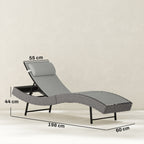 Rattan Sun Lounger with S-Shaped Seat and 5-Position Backrest, Light Grey