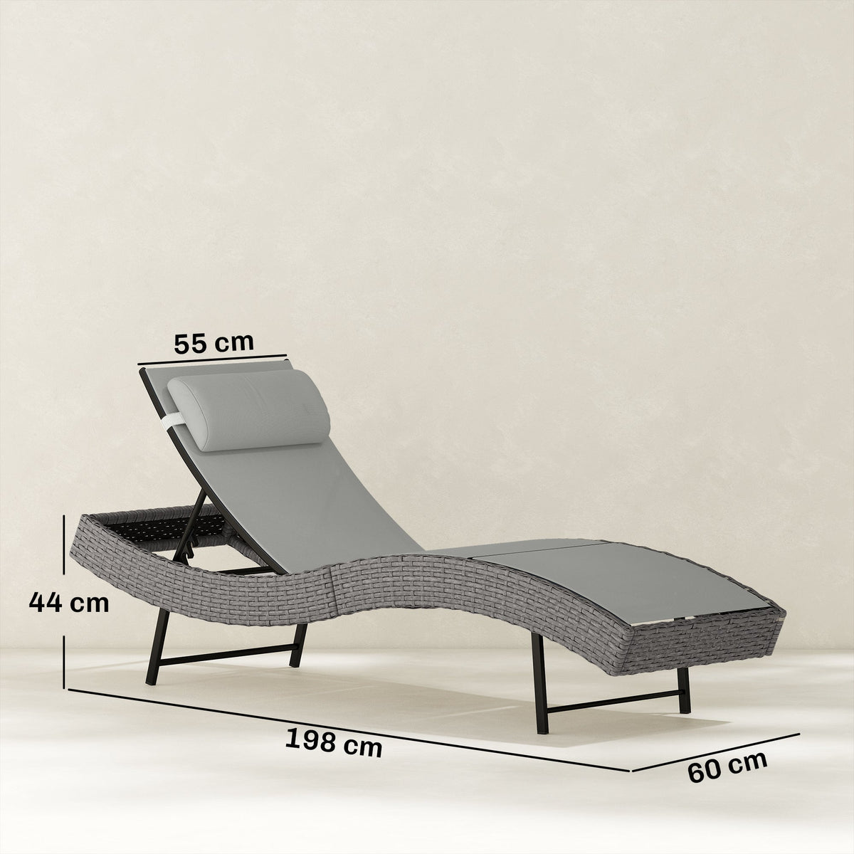 Rattan Sun Lounger with S-Shaped Seat and 5-Position Backrest, Light Grey