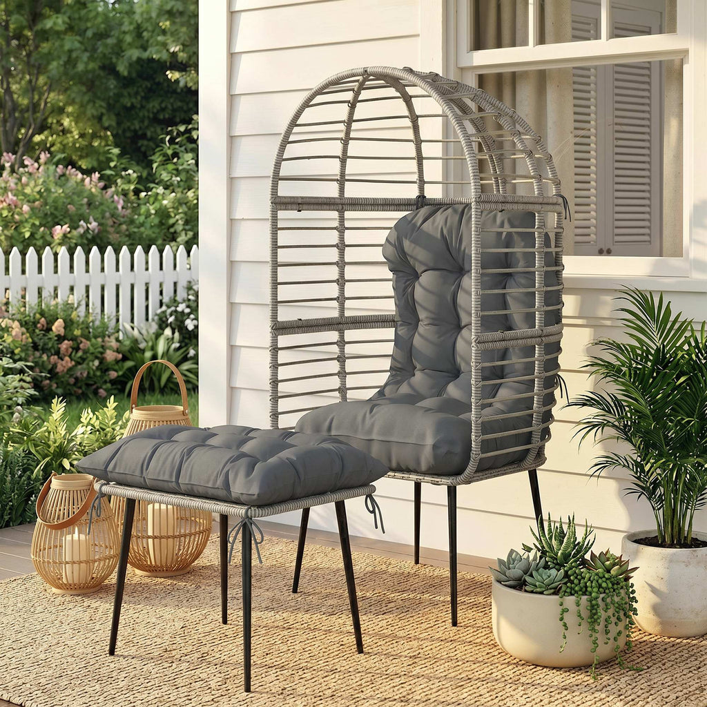 Standing PE Rattan Egg Chair with Footstool and Thick Cushions, Light Grey