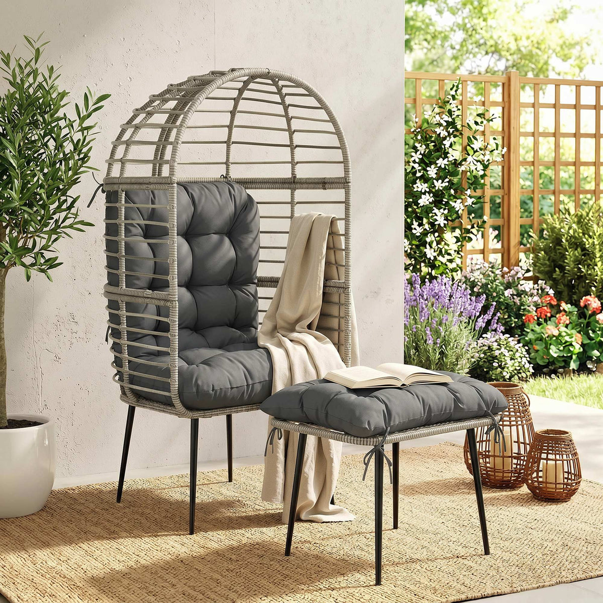 Standing PE Rattan Egg Chair with Footstool and Thick Cushions, Light Grey