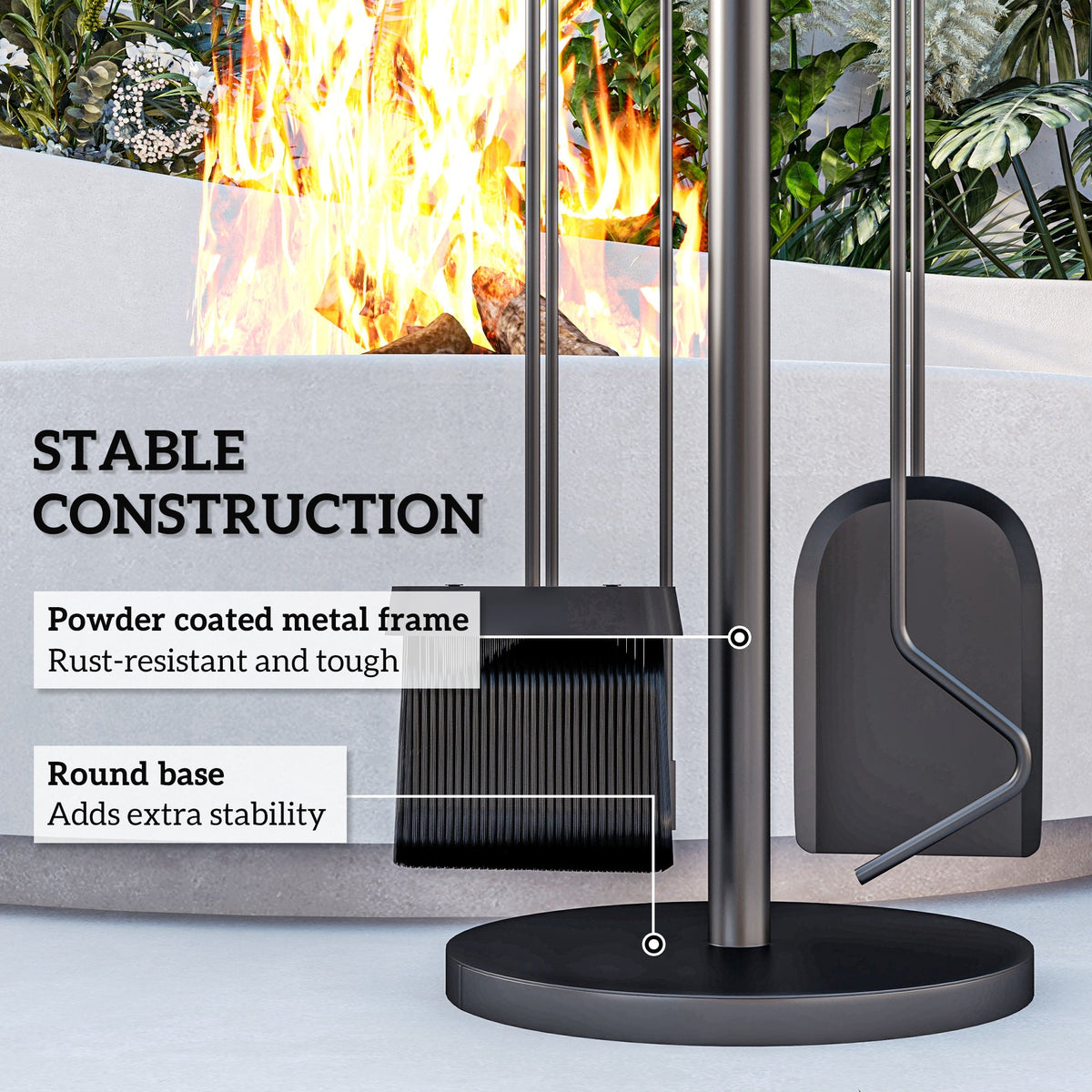 5-Piece Metal Fireplace Tool Set with Stand, Brush, Shovel, Poker & Tongs, Black